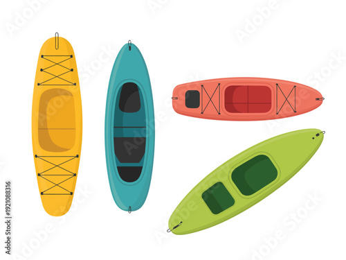 A collection of colorful kayaks displayed against a white background.