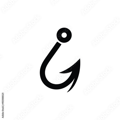 A simple black fishing hook icon on a white background is displayed.
