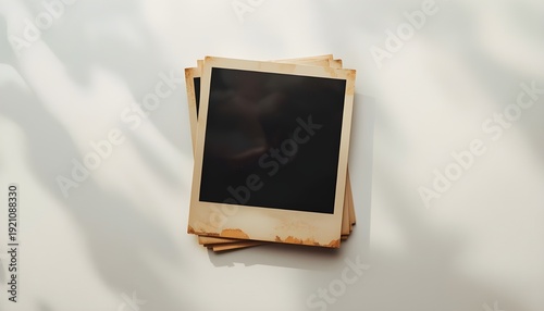 A stack of old, blank Polaroid photos on a white surface with shadows