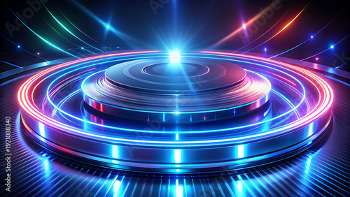 Central stage with a circular platform and glowing neon rings of red and blue, radiating light for a futuristic performance or event.