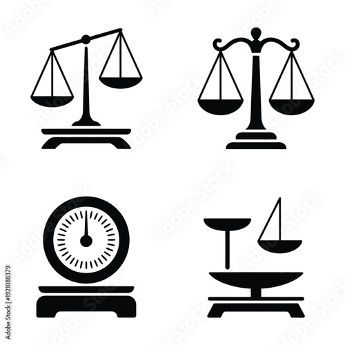 A collection of black scale icons on a white background for justice and balance.