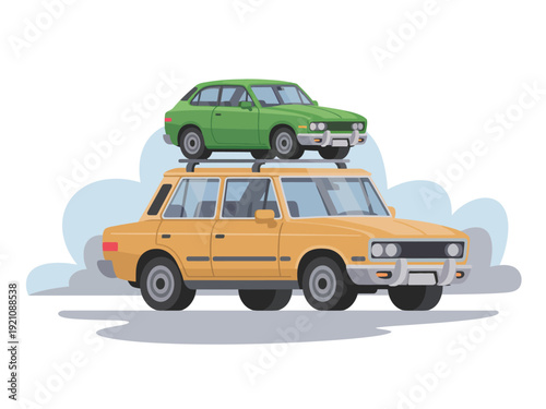A cartoon illustration of a yellow car carrying another car on its roof.