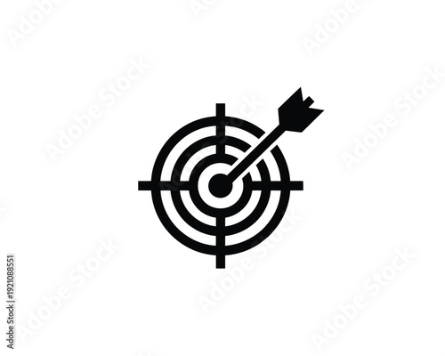 A simple black target icon with an arrow hitting the center on a white background.