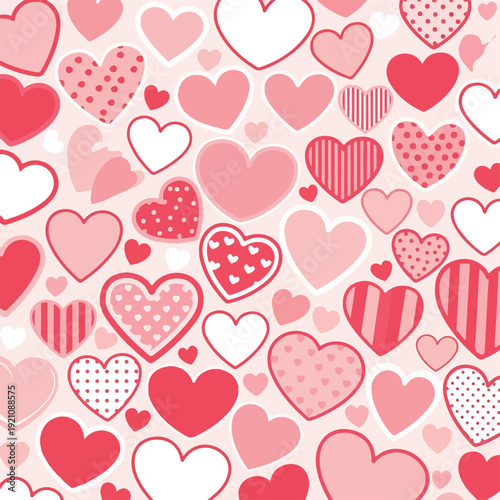 A patterned illustration of hearts, various colors & designs, on a light pink background