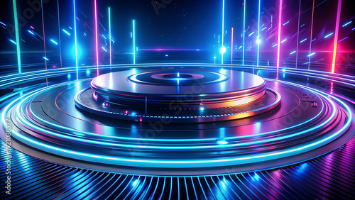 Modern DJ turntable setup on a circular stage illuminated by a cosmic blend of blue and pink neon lights against a starry background.