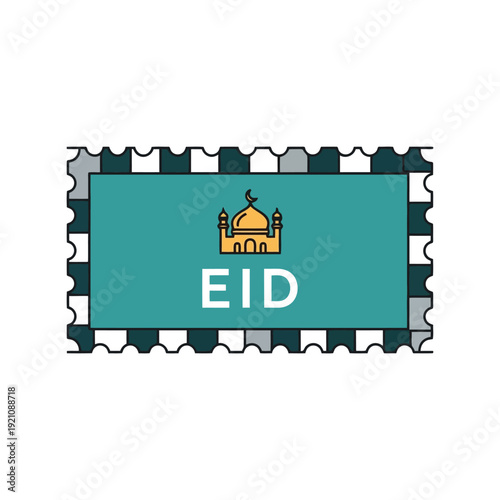 Eid vector clipart with mosque icon on postage stamp for Islamic holiday greeting designs