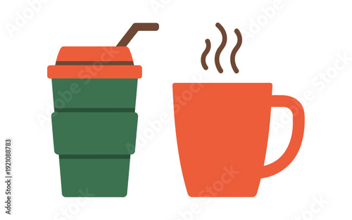 A green travel cup with a straw and an orange mug with steam rising from it.