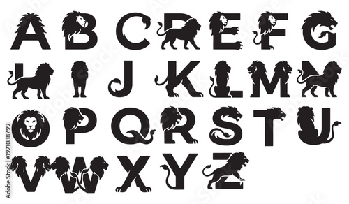 Alphabet letters with lion silhouettes integrated into the design, showcasing the king of the jungle.
