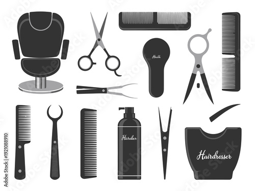 A collection of barber tools and equipment on a white background.