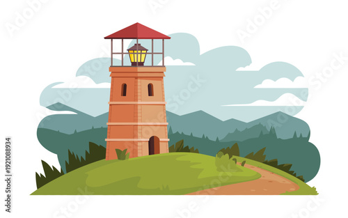 A serene landscape with a tall, orange lighthouse on a green hill.