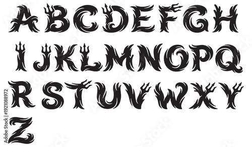 Alphabet letters with a dark, mythical, or fantasy theme, featuring trident and flame elements.