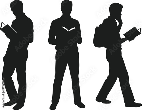 Black vector silhouette set of male students reading books while standing and walking with backpacks for education university library learning and academic branding design