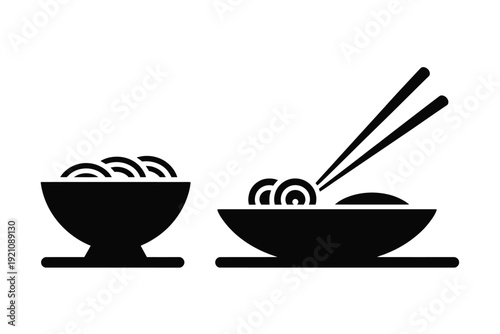Simple black and white illustration of two bowls of noodles with chopsticks.