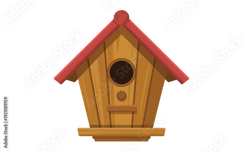 A cartoon style birdhouse with a red roof and wooden body.