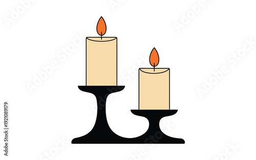 A simple illustration of two candles on black candle holders with lit flames