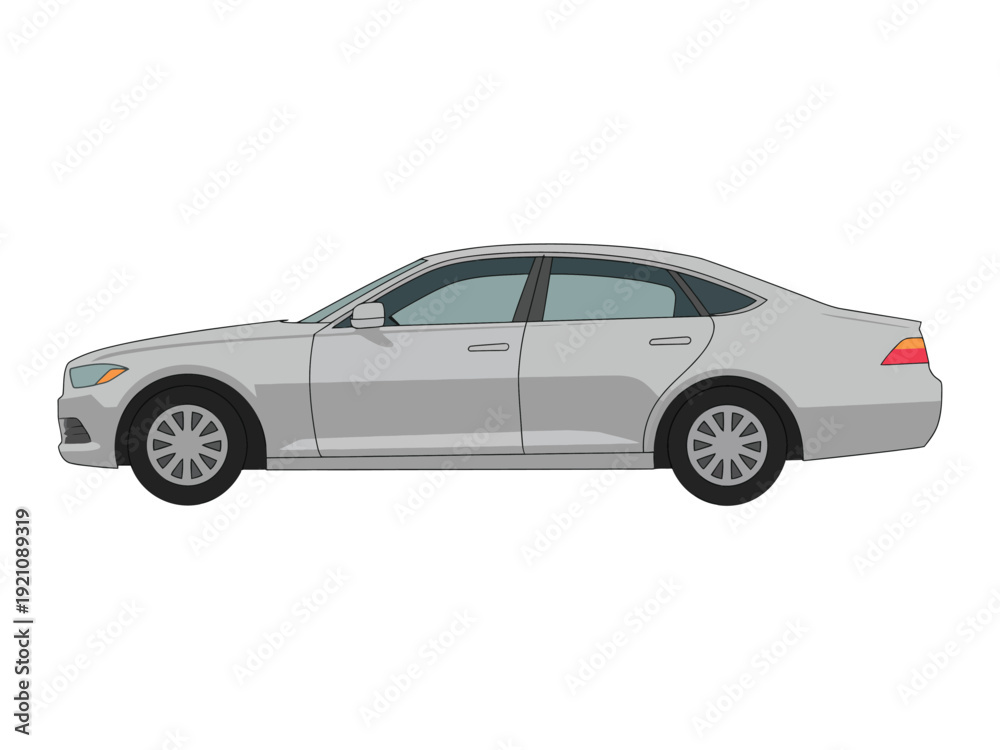 Fototapeta premium A silver four-door sedan viewed from the side against a white background.