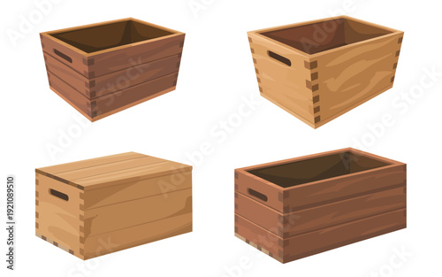 Four wooden crates displayed at different angles on a white background.