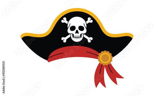 Pirate hat with skull and crossbones emblem and red ribbon decoration.