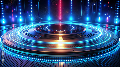 Empty circular stage with futuristic design, illuminated by vibrant blue and orange neon lights