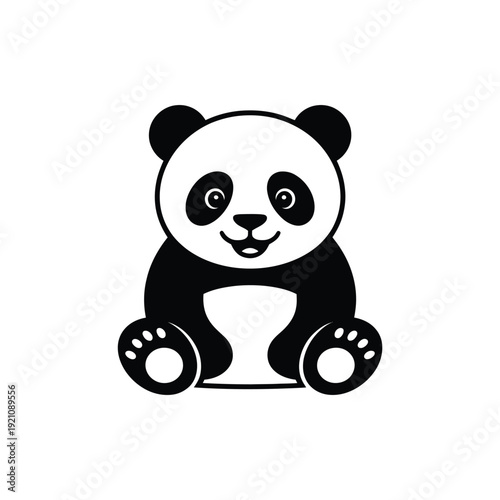 A cartoon panda with a smiling face sitting on the ground happily.