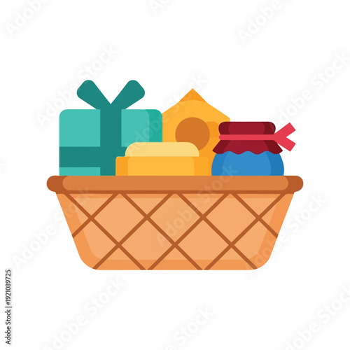 Gift basket vector clipart with present, cheese, jar and food items in flat cartoon style
