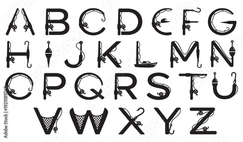 Alphabet letters decorated with fishing elements like rods, reels, and lures.