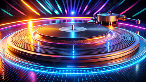 Close-up of a spinning vinyl record on a DJ turntable, illuminated by vibrant neon lights, creating a futuristic and energetic party vibe.