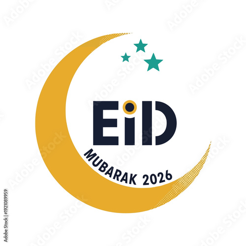 Eid Mubarak 2026 crescent moon and stars vector clipart for Islamic holiday greetings
