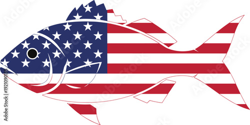 American Flag Fish Silhouette Vector Illustration with USA Stars and Stripes Pattern Symbolizing Patriotism, Freedom, Marine Life, and National Identity
