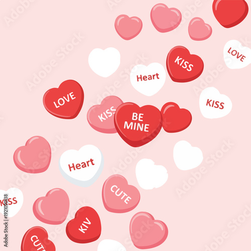 A pink backdrop with floating candy hearts expressing love and affection