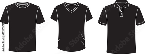 Three distinct mens black t shirt styles, including crew neck, V neck, and polo, are presented