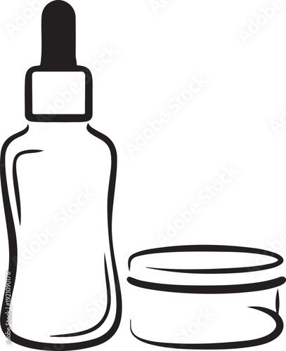 A dropper bottle and a small circular container next to each other Vector