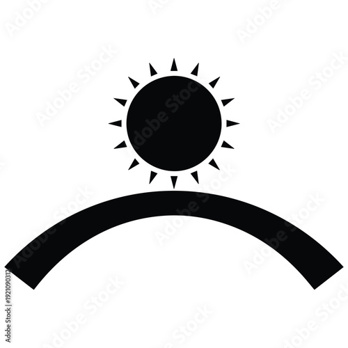Simple sun icon rising over curved line