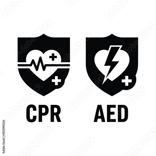 Vector illustration icon cpr and aed shield icons with heart and lightning bolt