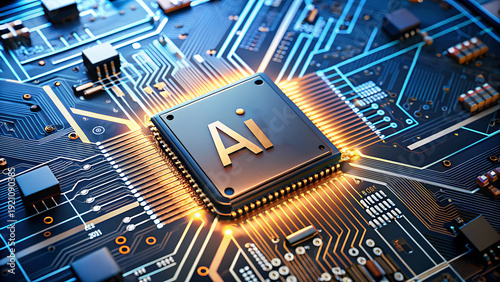 Detailed view of a central AI processor on a complex circuit board, illuminated by warm orange light, symbolizing advanced technology and digital intelligence.