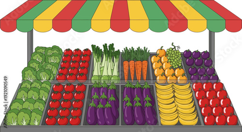 Colorful Fresh Fruits and Vegetables Market Stall.