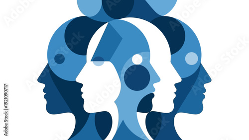 abstract human head profiles in blue and white overlapping symbolizing psychology complex communication and diverse mental health concepts.