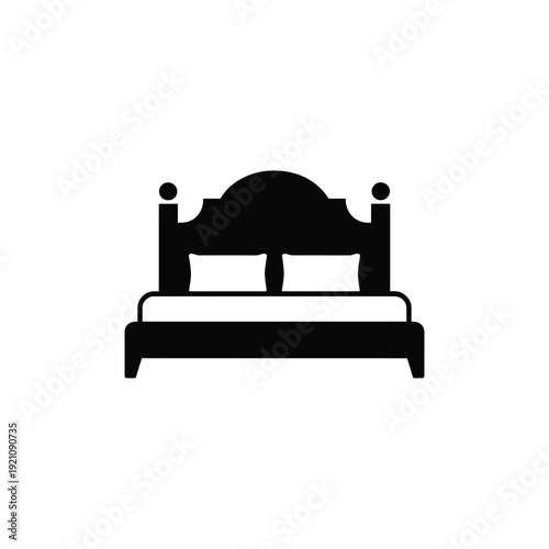 A simple black and white illustration of a bed with a headboard and pillows.