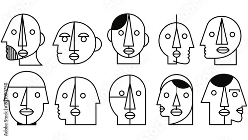 abstract minimalist line art faces illustrating human diversity and identity in a cubist style perfect for graphic design.