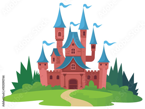 A beautiful cartoon castle with blue turrets and a lush green surrounding.