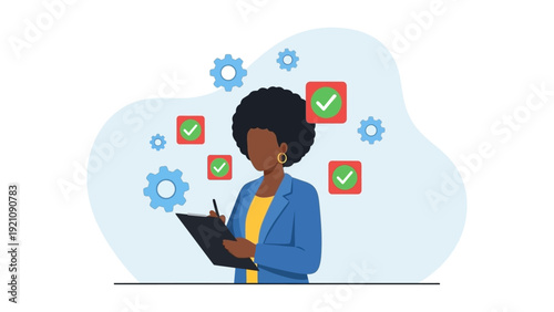 african american businesswoman checking tasks on clipboard with gears and green checkmarks symbolizing efficient project management.