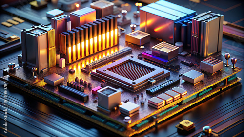 Detailed overhead view of a futuristic computer motherboard with a central processor and glowing orange components, representing advanced technology and computing power.