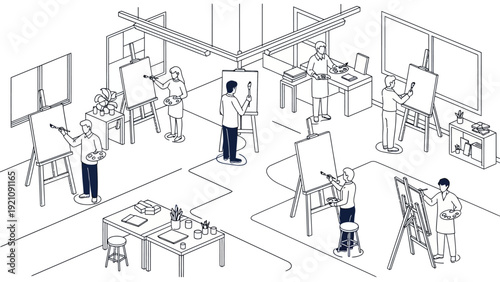 artists working on canvases with brushes and palettes in a bright modern art studio showcasing creative learning and artistic expression.