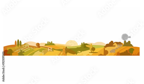 Autumn rural farm landscape with windmill cows and fields eco vector illustration isolated on white