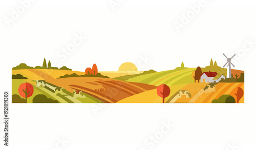 Autumn rural farm landscape with windmill cows and fields eco vector illustration isolated on white