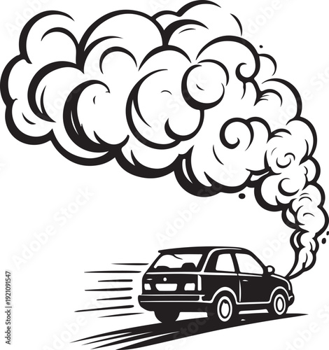 A vintage car emitting a large cloud of black smoke while driving at high speed. Vector