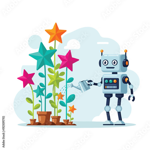 A robot waters plants that have star-shaped flowers and growing in pots