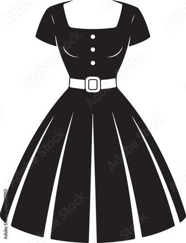 A retro black silhouette of a classic midi dress featuring a square neckline and pleated skirt