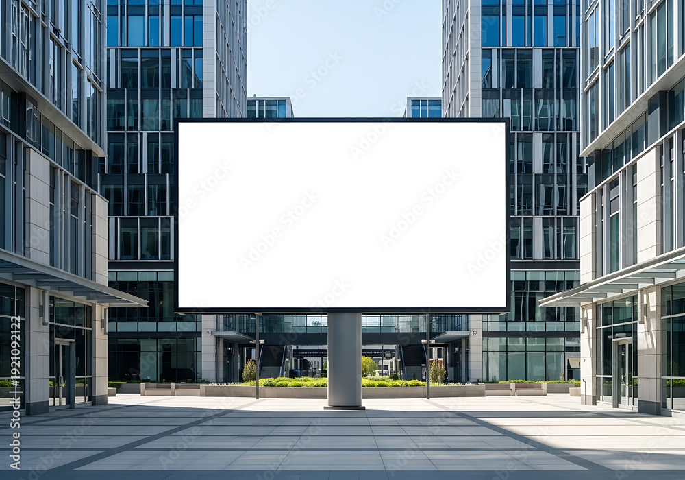 Obraz premium Empty billboard display centered on sleek glass commercial complex creating professional outdoor marketing and branding mockup scene