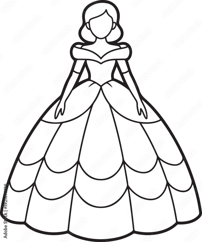 Fototapeta premium An outline illustration of a beautiful princess gown with a full layered skirt and off shoulder sleeves